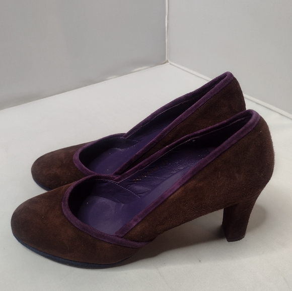 Boden Women's Suede Pump Heels Size 40 Brown Purple Block Heel Slip On A18 - Picture 1 of 7